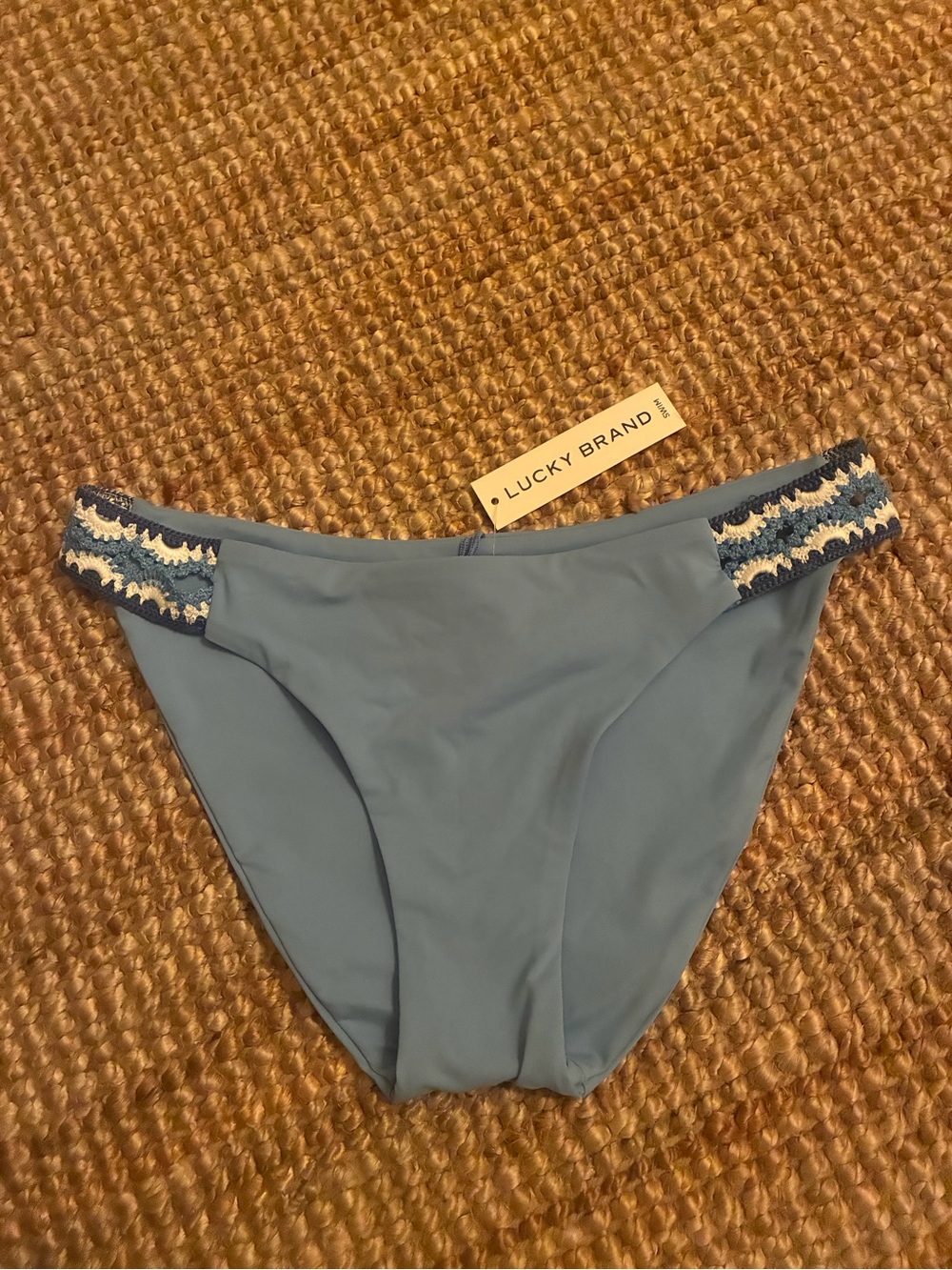 Lucky Brand Malaga Crochet Tab Side Bikini Bottom Light Blue M NWT